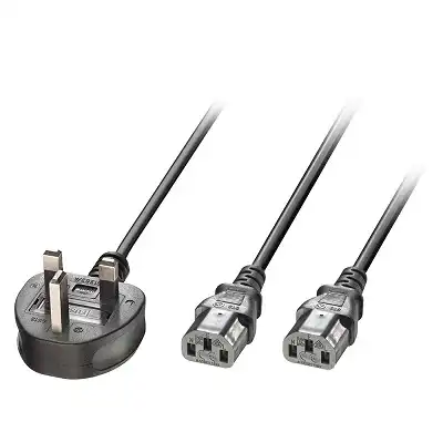 Lindy 2.5m UK 3 Pin Plug to 2 x IEC C13 Splitter Power Extension Cable