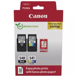 Canon PG-540/CL-541 Ink & Photo Paper Value Pack – Black, Tri-Colour Cartridges + 50 Glossy Sheets